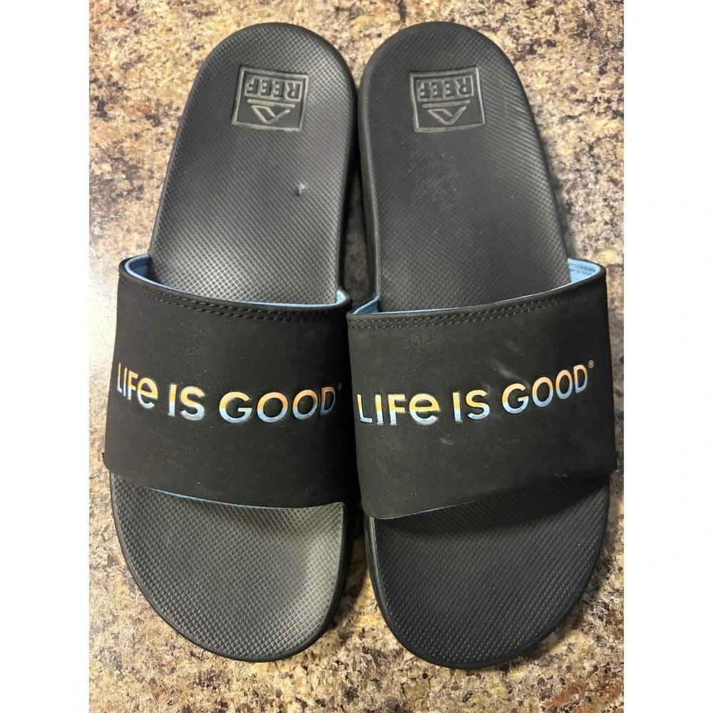 Reef Mens One Slide Sandals Black Life Is Good‎ Logo Comfort Beach Shoes Size 11